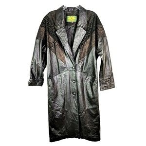 Avanti Long Leather Trench Coat Duster Black 80s 90s Button Bronze Croc Scale L
